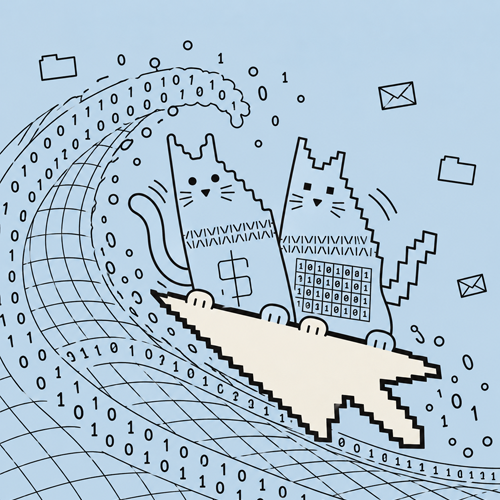 Two cats riding a pixel cursor over a curling wave of binary code
