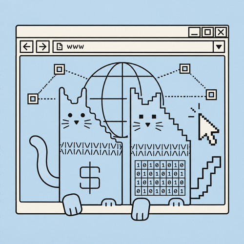 Two cats leaning out of a browser window, with a globe behind them