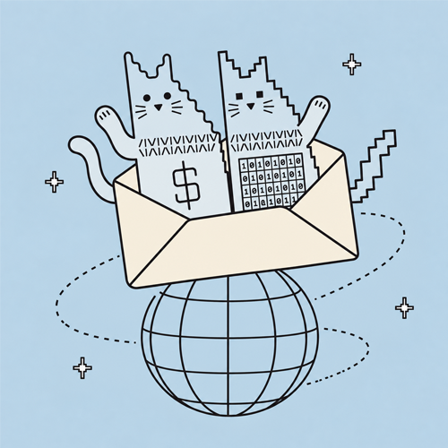 Two cats waving from an envelope that sits on a wireframe globe