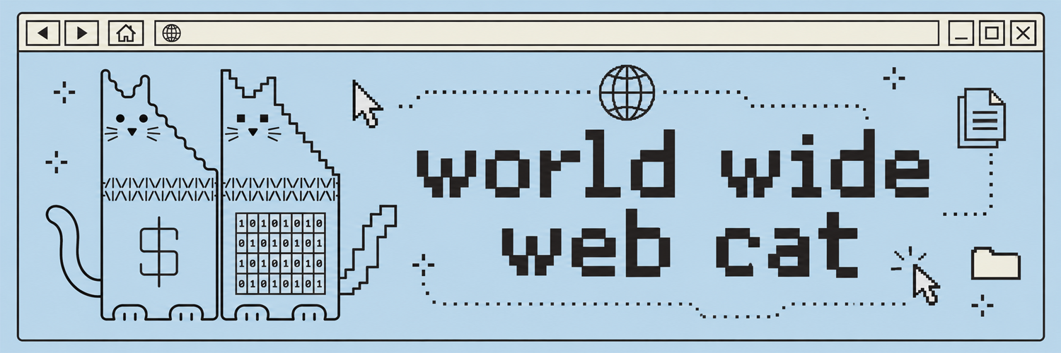 World Wide Web Cat banner, cats beside the pixel title inside a browser window